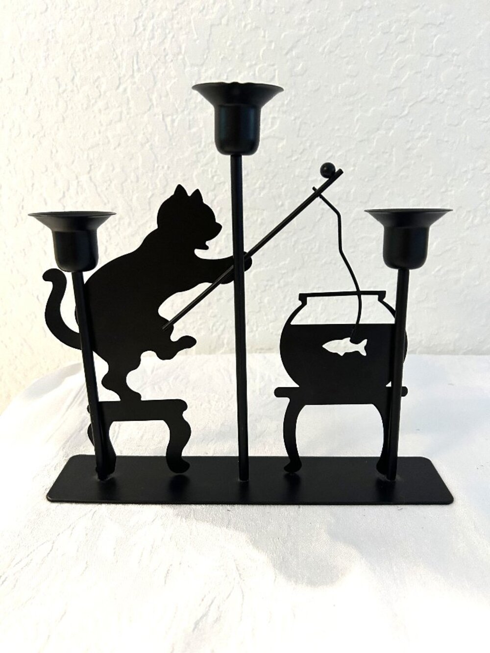 Vintage Fishing Black Cat Triple Candleholder